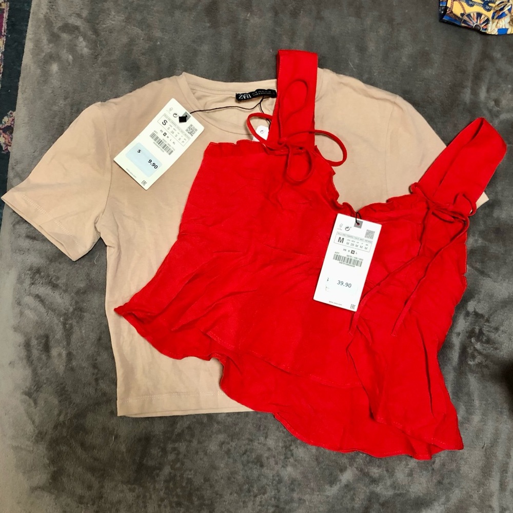 Lot of 2 Zara shirts both NWT. Beige cropped tee (S) and red sleeveless blouse M